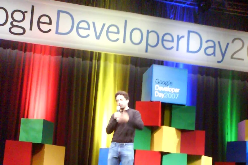 Sergey Brin speaking at a Google event